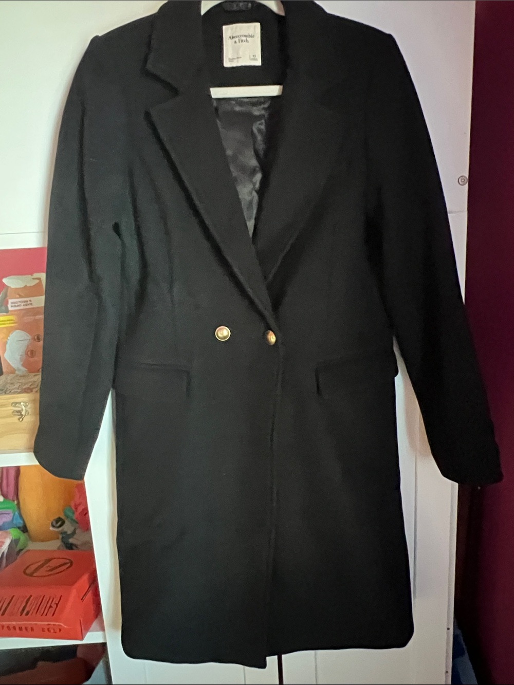 Abercrombie & Fitch Black Double-Breasted Pea Coat with Gold Buttons